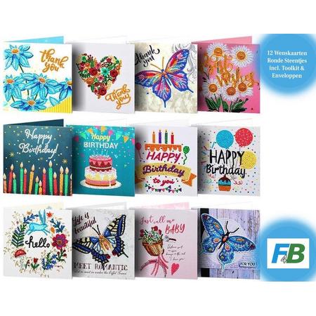 F4B Diamond Painting 12-Delig Wenskaarten 15x15cm | Ronde Steentjes | Met Enveloppen | Verjaardagskaarten | Kaartenset | Cards | Happy Birthday | Kinderen | Pakket Volwassenen en Kinderen